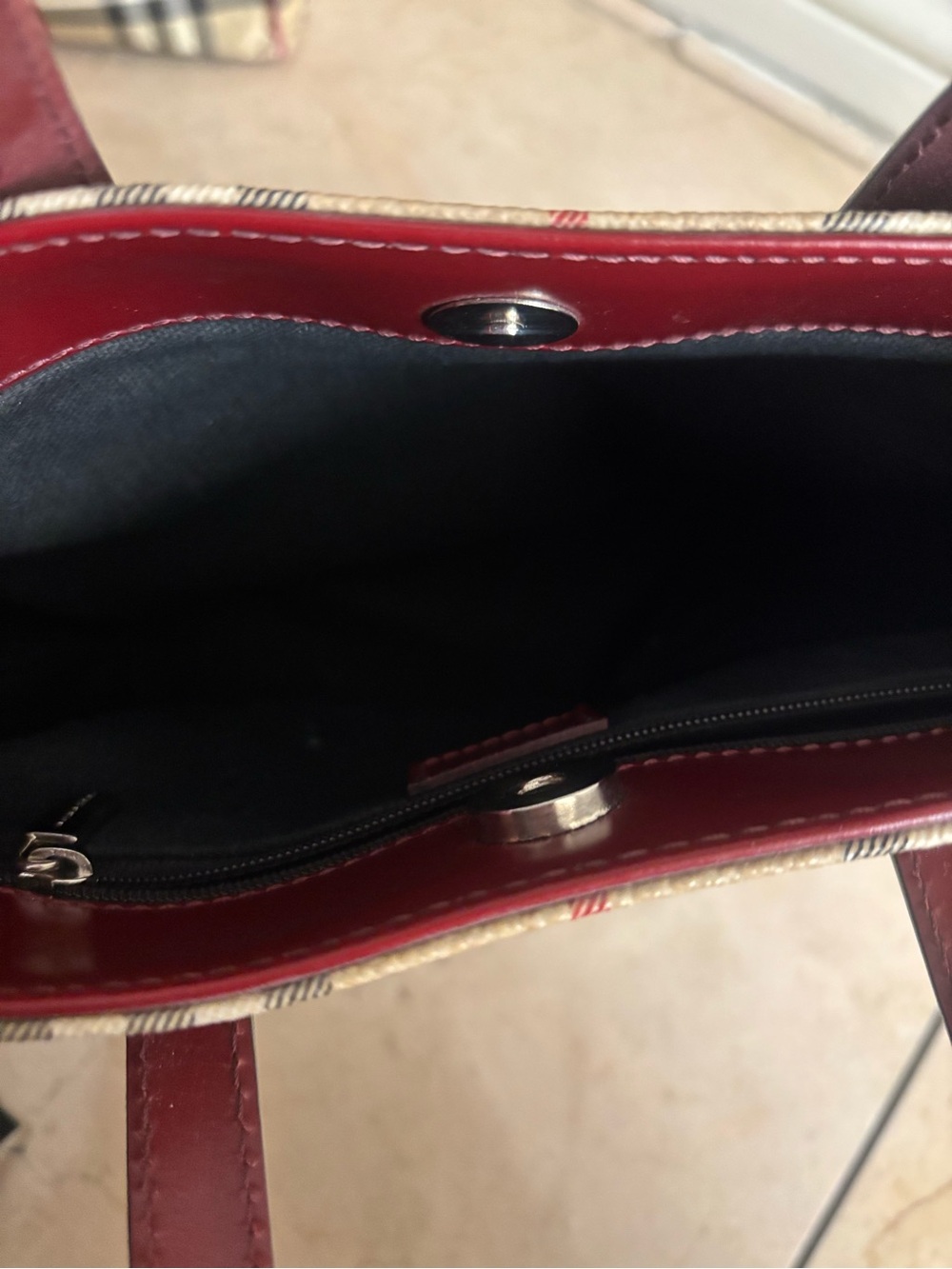 Burberry Vintage Nova Check Cadogan 2 Tote Bag Burgundy Leather Trim PRISTINE - Picture 7 of 9